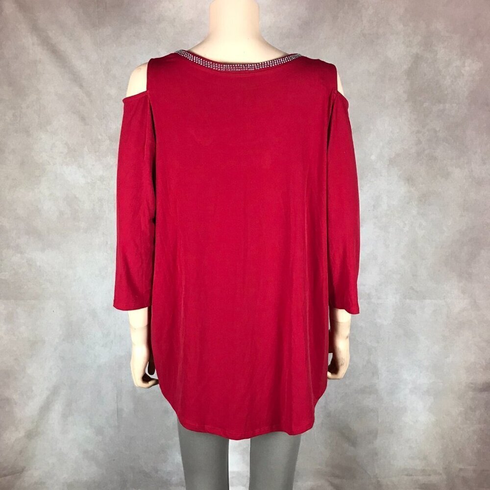JM COLLECTION Red Cold-Shoulder Studded Knit Top NEW 0X - Picture 4 of 14